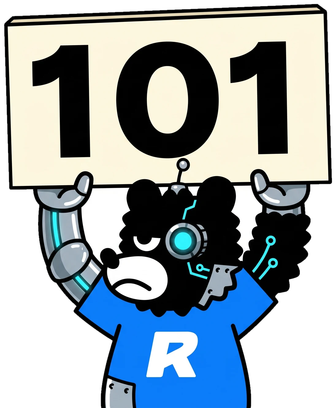 Mascota oso-robot presentando los 101 entregables del pack