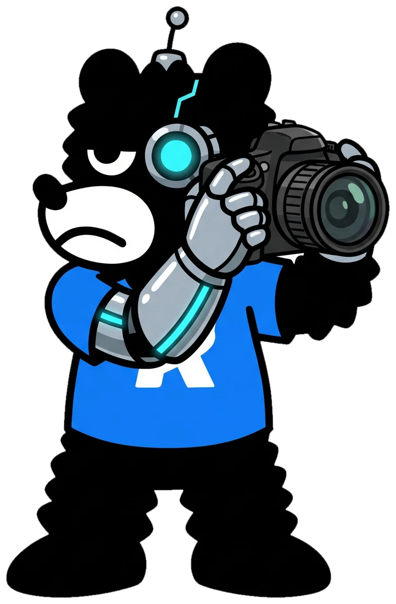 Mascota oso-robot fotografiando productos de una marca
