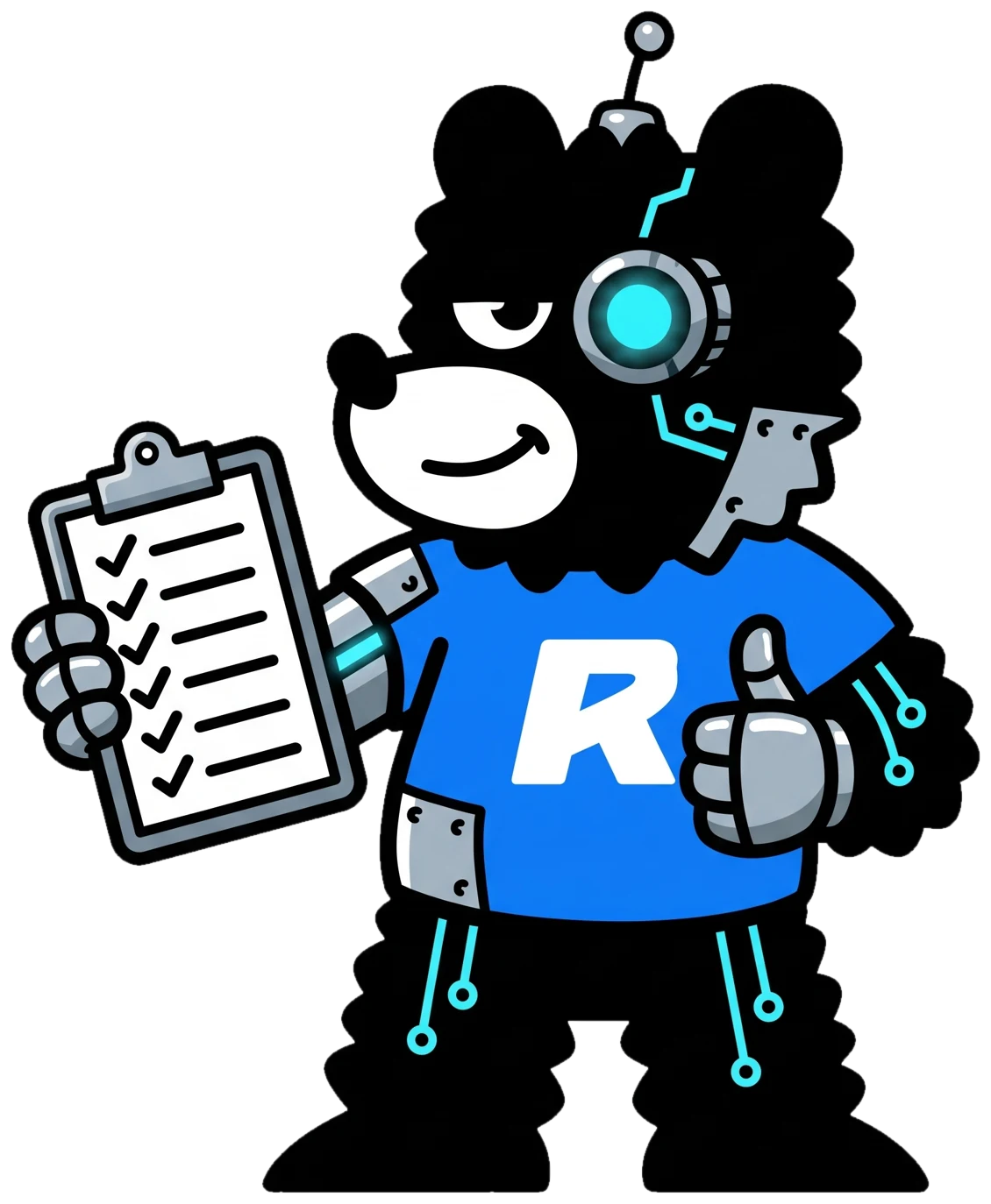 Mascota oso-robot explicando el proceso de producción