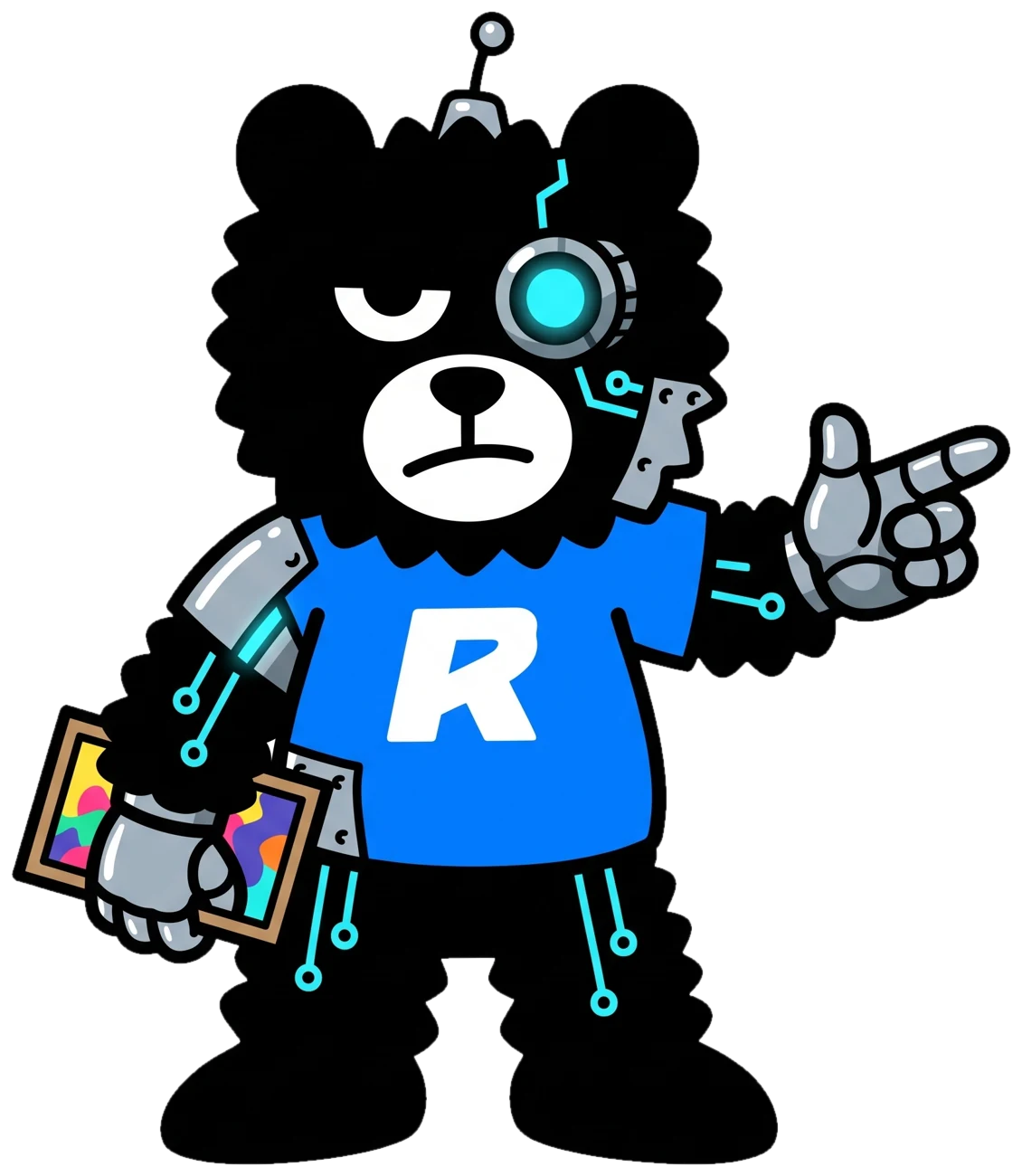 Mascota oso-robot mostrando trabajos creativos